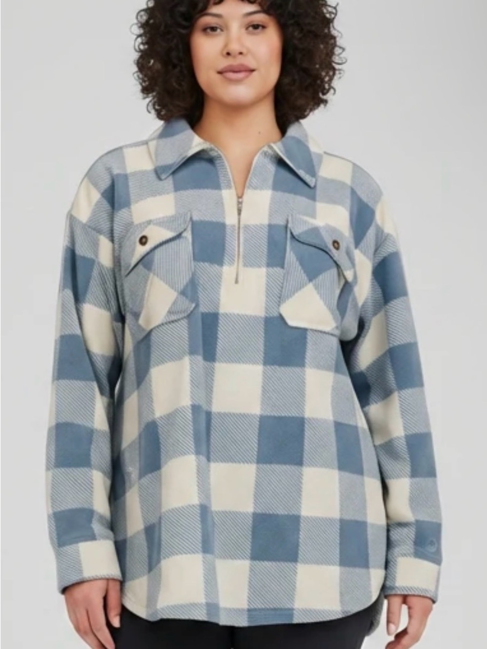 Cuddl Duds Blue and Cream Plaid Half-Zip Utility Shacket